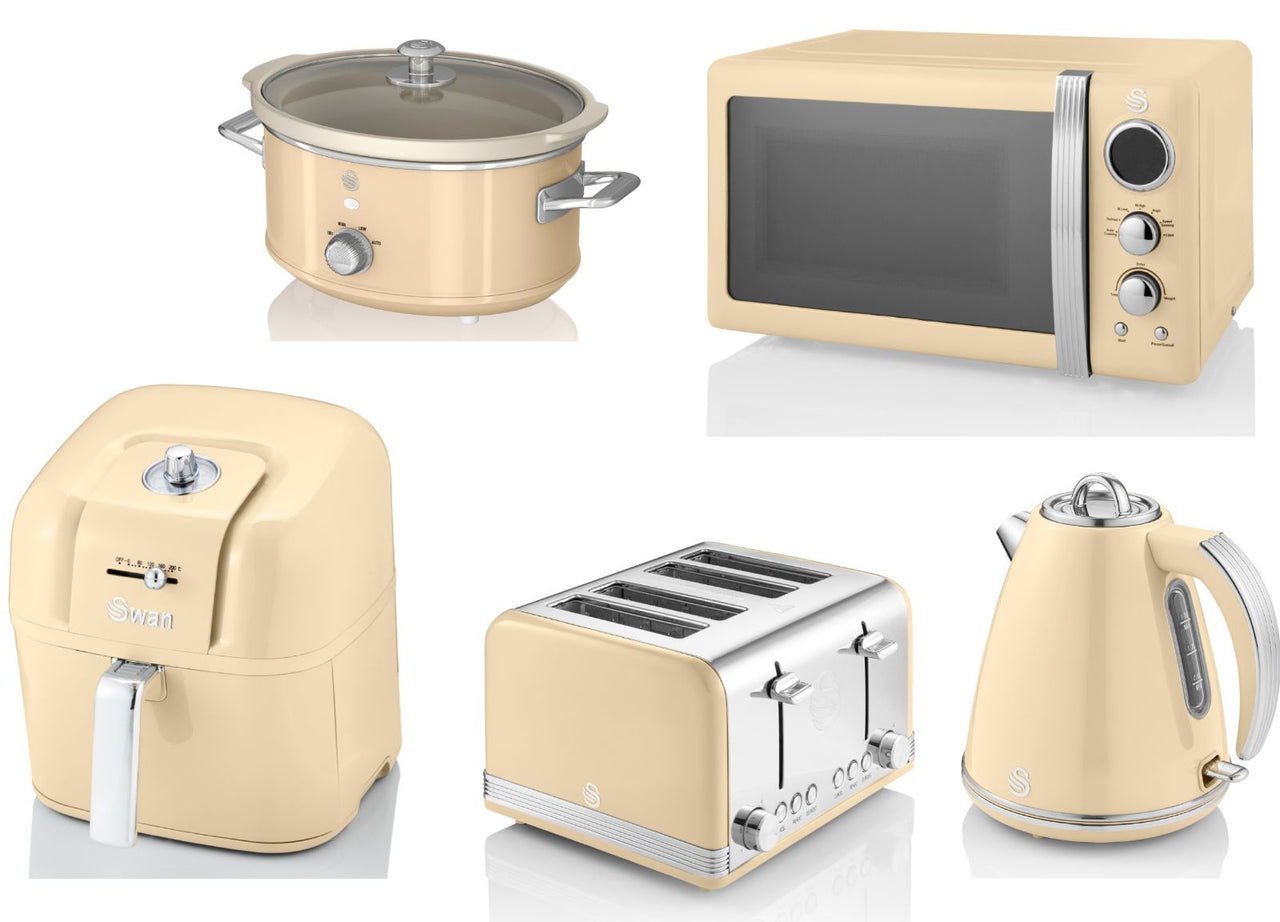 Swan Retro Cream Jug Kettle, 4 Slice Toaster, 800W 20L Microwave, 6.5L Air Fryer 3.5L Slow Cooker Matching Kitchen Set