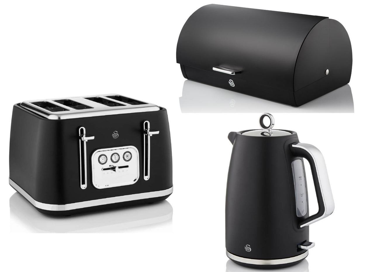 Swan Serenity Black 1.7L 3KW Kettle, 4 Slice Toaster & Bread Bin. Striking Design Matching Swan Kitchen Set with a Sleek Black Finish