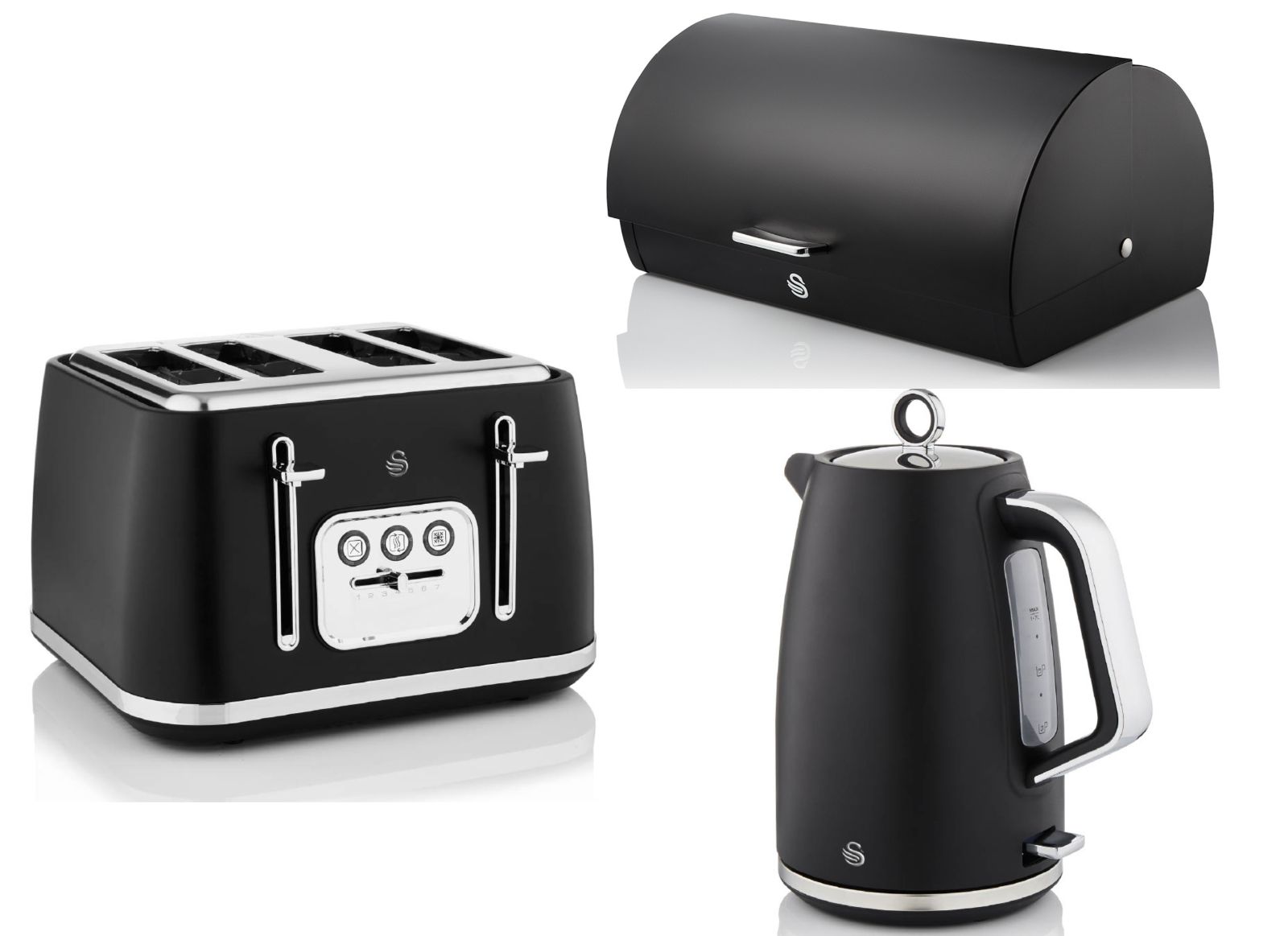 Swan Serenity Black 1.7L 3KW Kettle, 4 Slice Toaster & Bread Bin. Striking Design Matching Swan Kitchen Set with a Sleek Black Finish