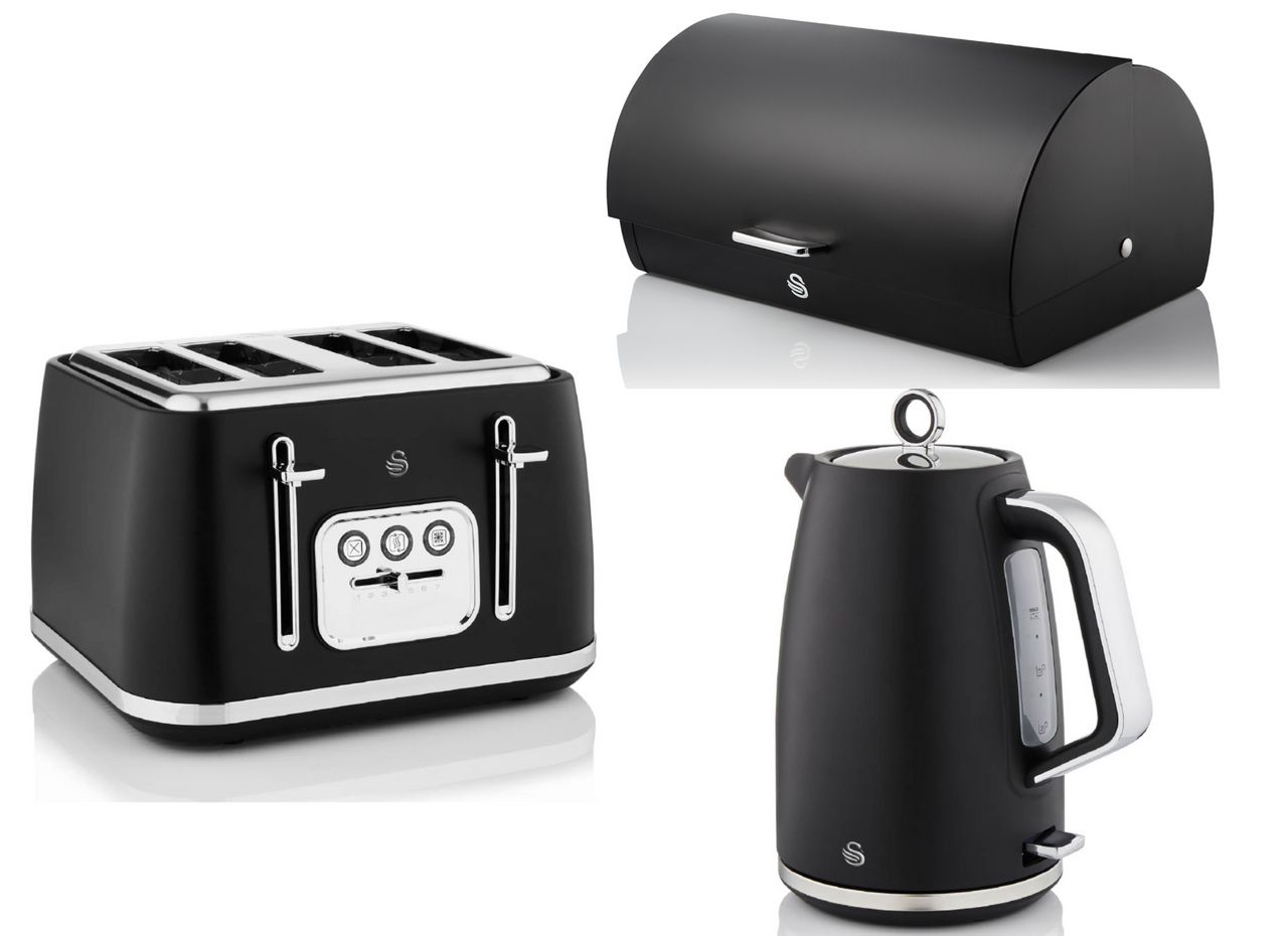 Swan Serenity Black 1.7L 3KW Kettle, 4 Slice Toaster & Bread Bin. Beautiful Design Matching Swan Kitchen Set with a Sleek Black Finish