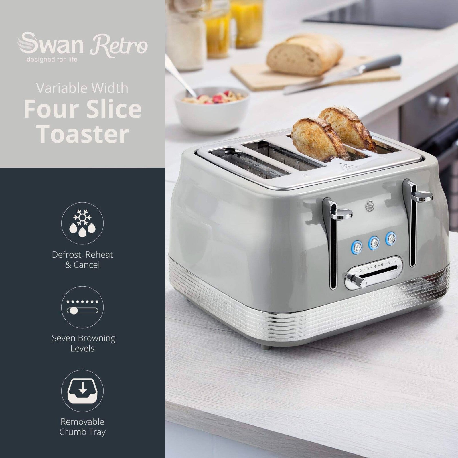 Swan Retro Revive Grey Kettle Toaster Air Fryer Microwave Slow Cooker Bundle Set2
