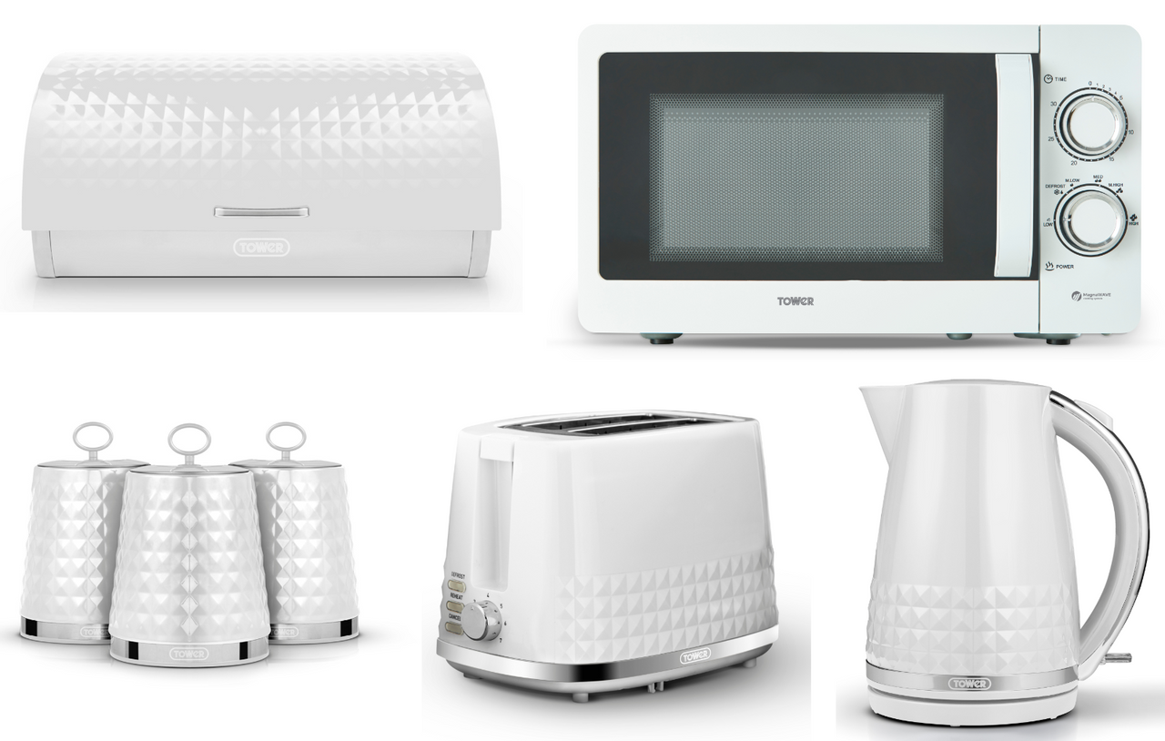 Tower Solitaire White 1.5L 3KW Jug Kettle, 2 Slice Toaster, T24042WHT 800W 20L Microwave, Bread Bin & Canisters Matching Kitchen Set