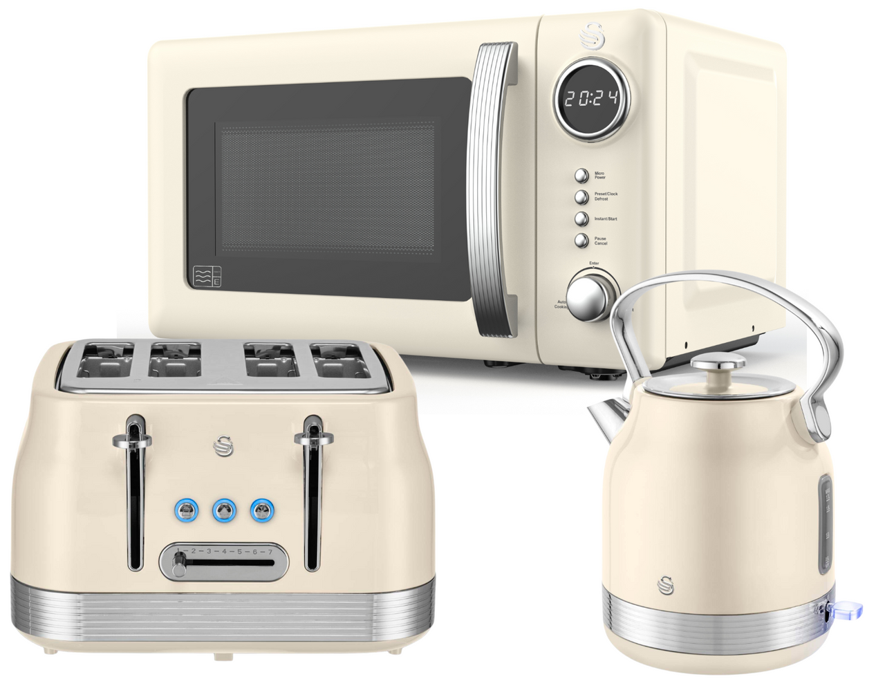 Swan Retro Revive Cream Stovetop Kettle Toaster Microwave Kitchen Bundle Set0