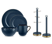 TOWER Empire 16 Piece Dinner Set, Kitchen Roll Holder & Mug Tree Midnight Blue & Brass