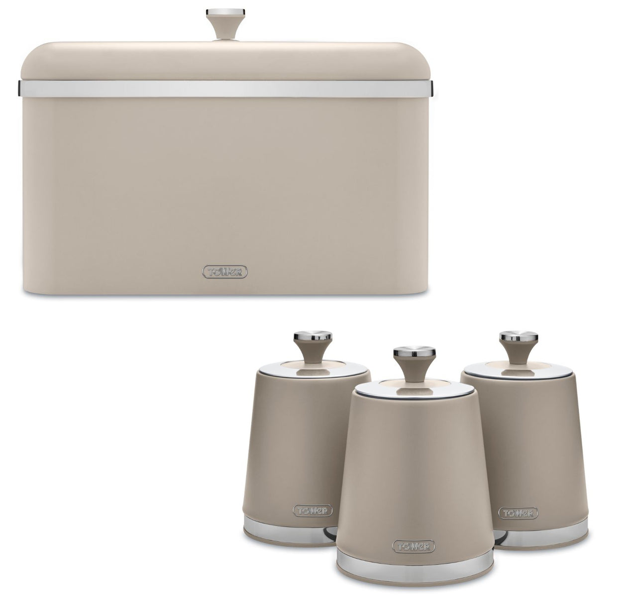 Tower Cavaletto Bread Bin Canisters Kitchen Storage Set Latte & Chrome Accents