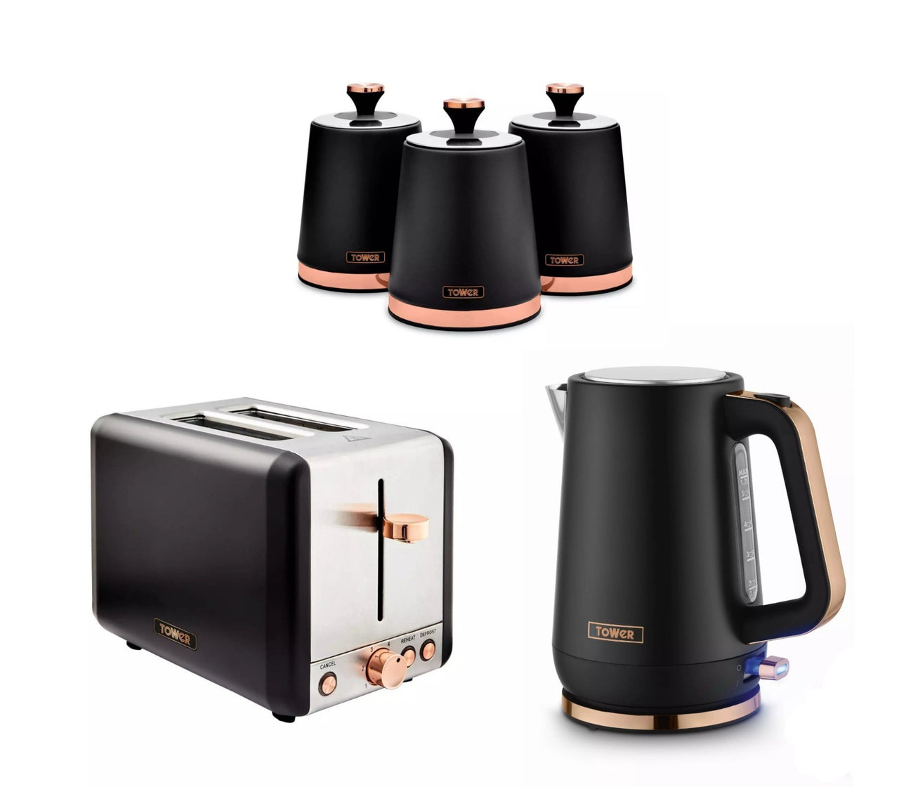 Tower Cavaletto Kettle, 2 Slice Toaster and 3 Canisters Black Rose Gold0