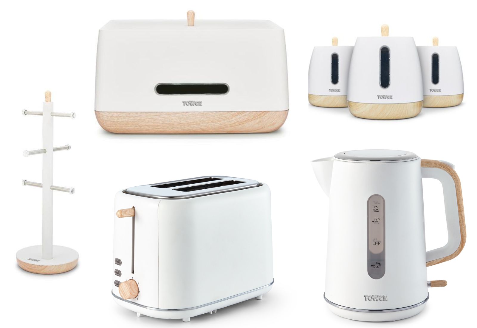 Tower Scandinavian Style White Kettle Toaster Breadbin Canisters Mug Tree 7 Set