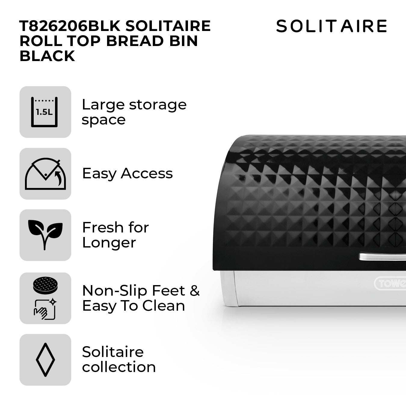 Tower Solitaire Black Kettle Toaster Microwave Bread Bin Canisters Kitchen Set13