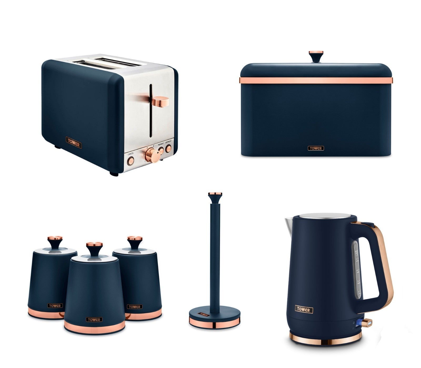 Tower Cavaletto Kettle, 2 Slice Toaster, 3 Canisters, Bread Bin &Towel Pole Blue0
