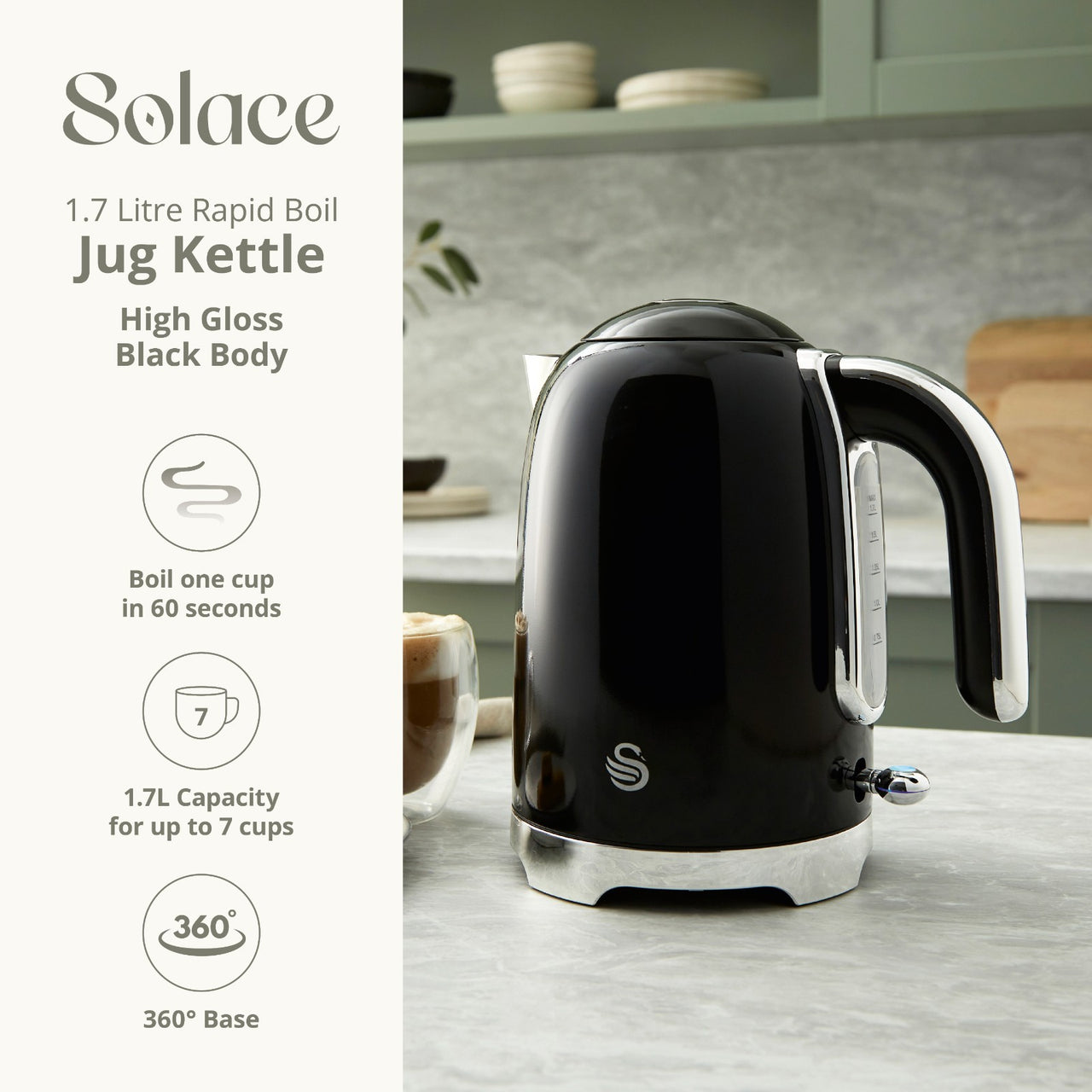 Swan Solace Black Kettle Toaster Breadbin Canisters Kitchen Roll Holder Set of 71