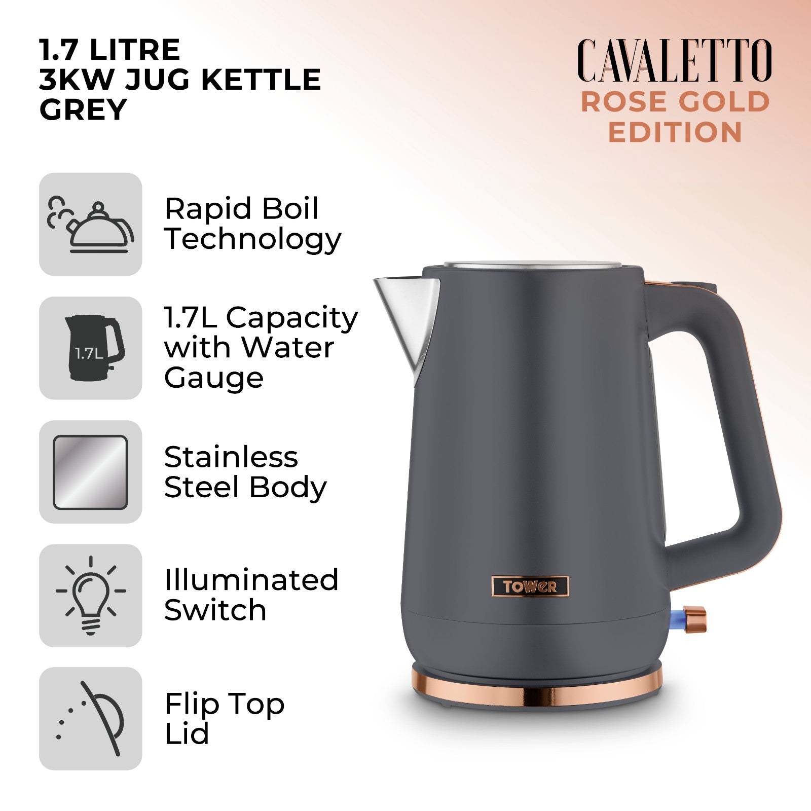 Tower Cavaletto Grey Jug Kettle 4 Slice Toaster Microwave Matching Kitchen Set1