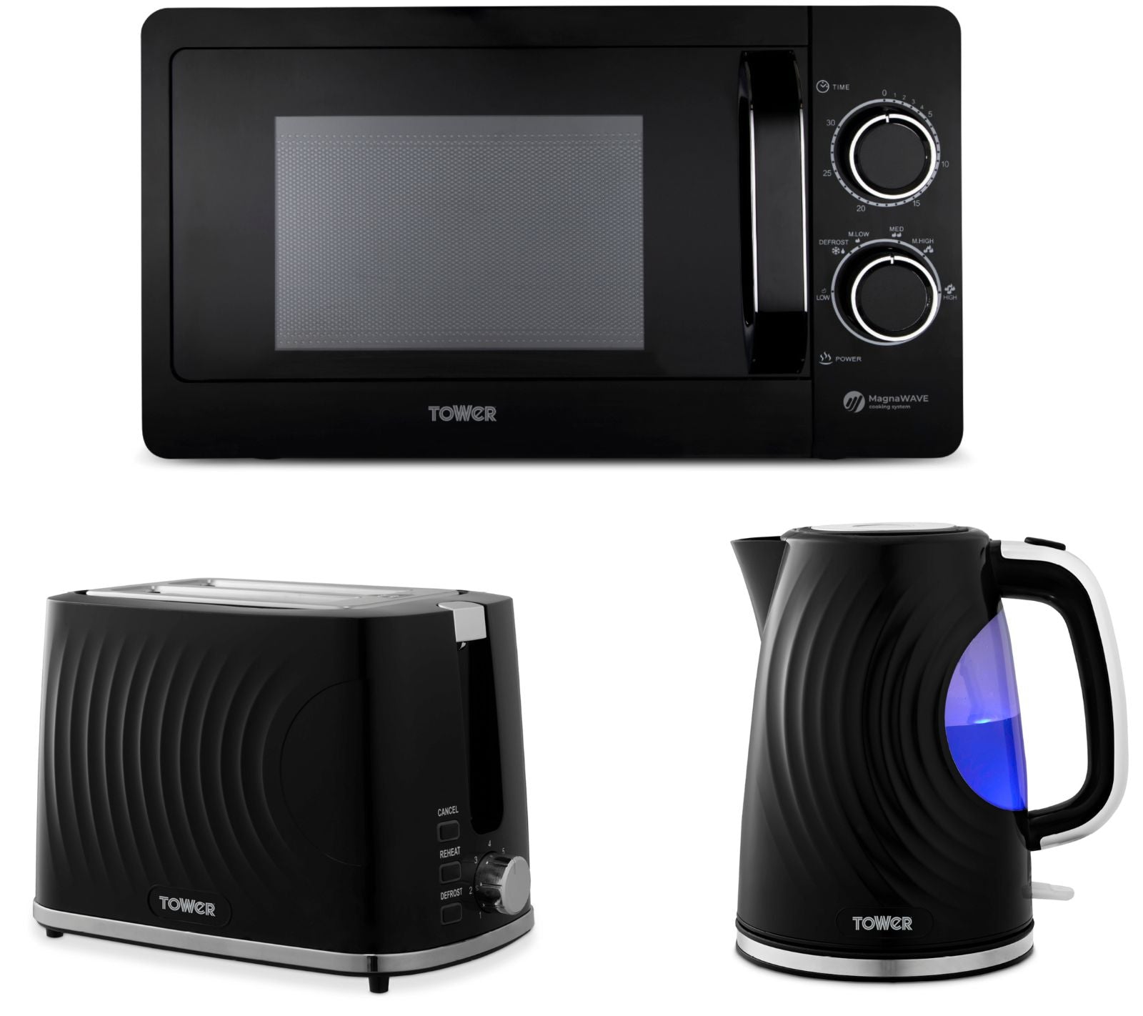 Tower Sonar Black 1.7L 3KW Kettle, 2 Slice Toaster & T240242BLK 800W 20L Microwave Set