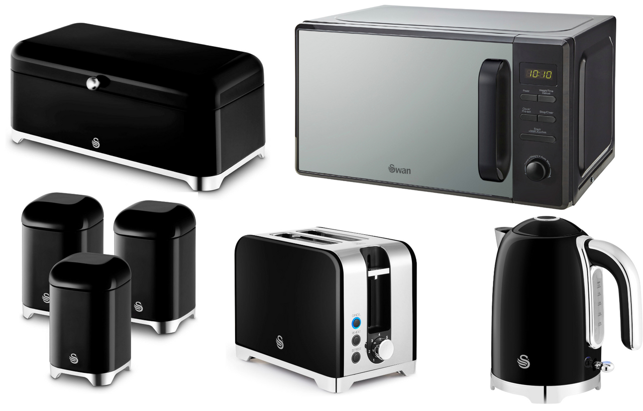 Swan Solace Black Kettle Toaster Microwave Breadbin & Canisters Kitchen Set0