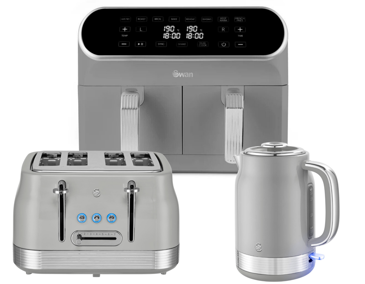 Swan Retro Revive Grey Kettle 4 Slice Toaster & 8L Dual Basket Air Fryer Bundle0