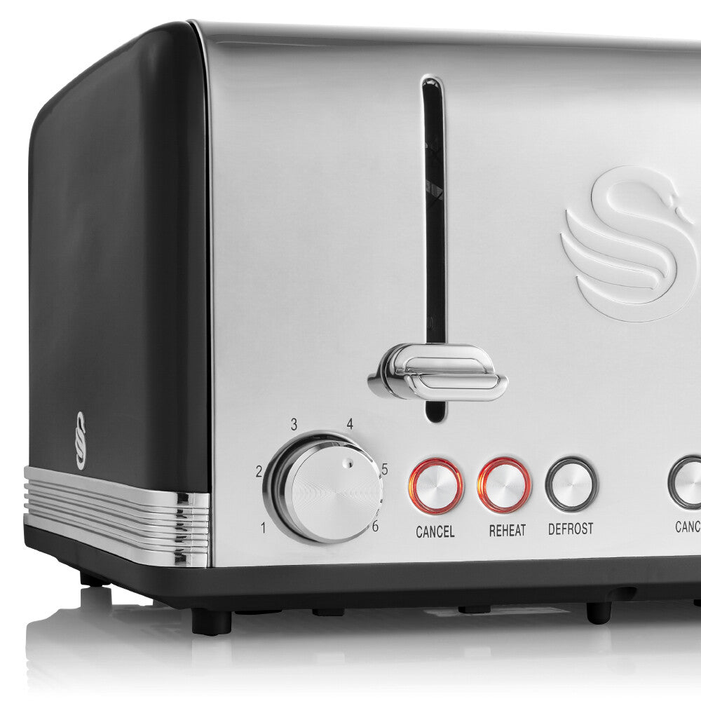 Swan Retro Black Kettle 4 Slice Toaster Microwave & Canisters Kitchen Set of 610