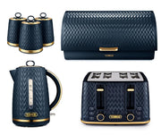 TOWER Empire Blue Jug Kettle, 4 Slice Toaster, Bread Bin & Canisters Matching Set in Midnight Blue with Brass Accents