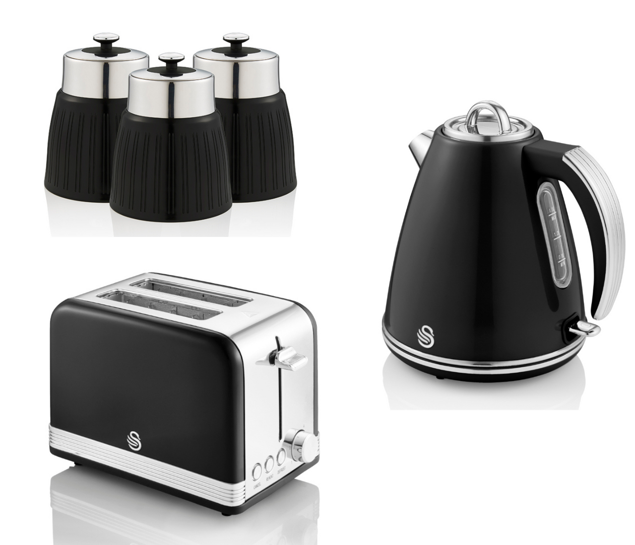 Swan Retro 1.5L 3KW Retro Jug Kettle, 2 Slice Toaster, Tea Coffee & Sugar Canisters Matching Kitchen Set of 5 in Black