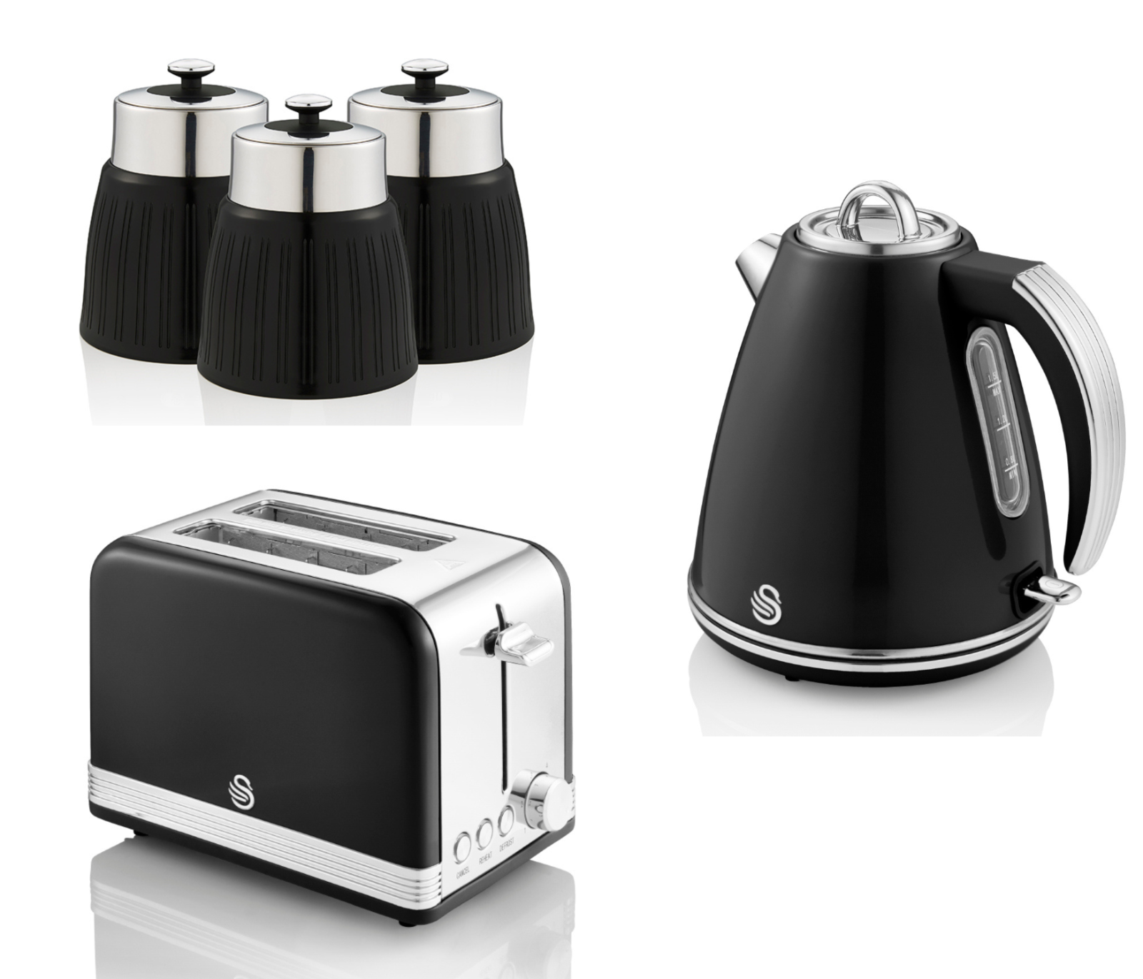 Swan Retro Black Jug Kettle 2 Slice Toaster & Canisters Matching Set
