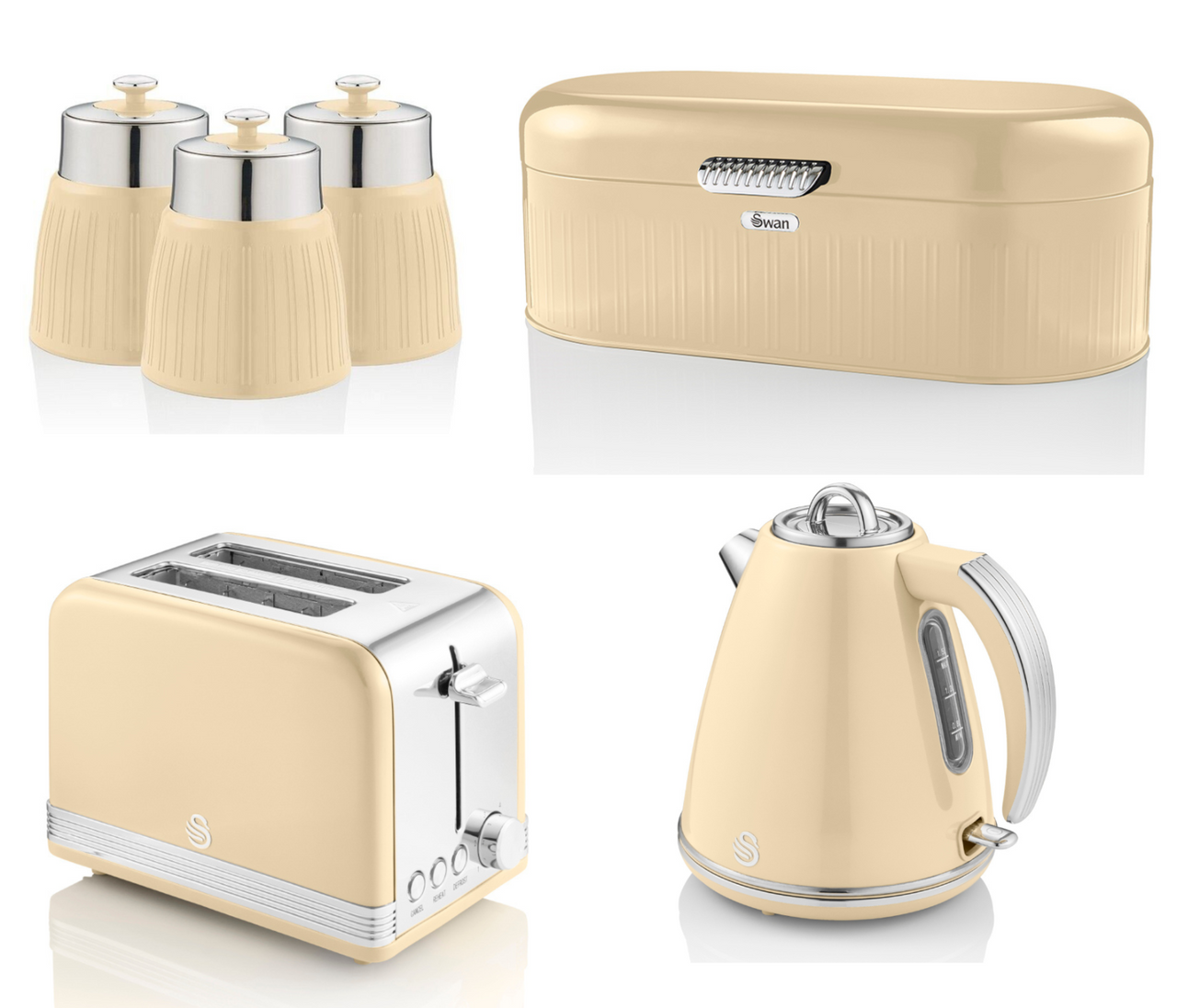 Swan Retro Cream 1.5L 3KW Jug Kettle, 2 Slice Toaster, Bread Bin & Tea, Coffee, Sugar Canisters. Vintage Matching Kitchen Set of 6 in Cream