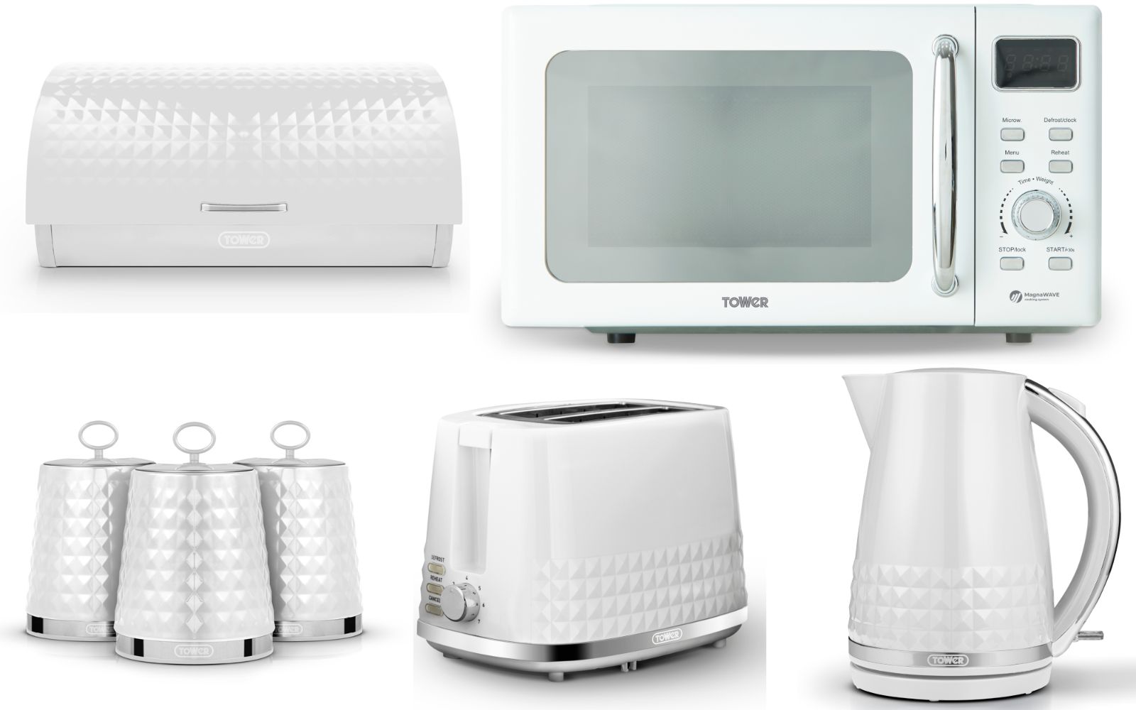 Tower Solitaire White 1.5L 3KW Kettle, 2 Slice Toaster, 800W 20L Digital Microwave  T24041WHT, Bread Bin & Canisters Matching Kitchen Set of 7
