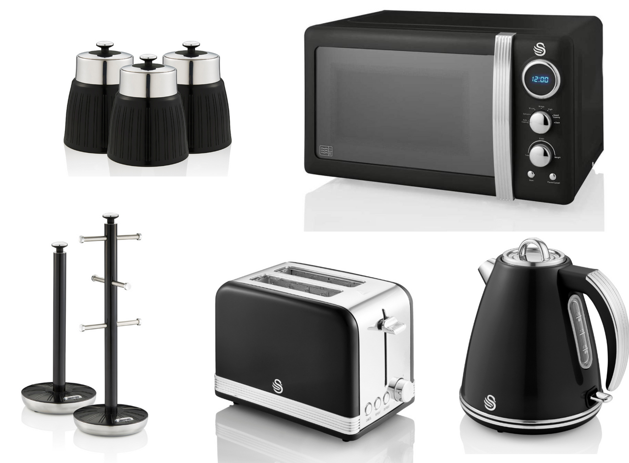 Swan Retro 1.5L 3KW Retro Jug Kettle, 2 Slice Toaster, 800W 20L Digital Microwave, Tea Coffee & Sugar Canisters, Mug Tree & Towel Pole Matching Kitchen Set of 8 in Black