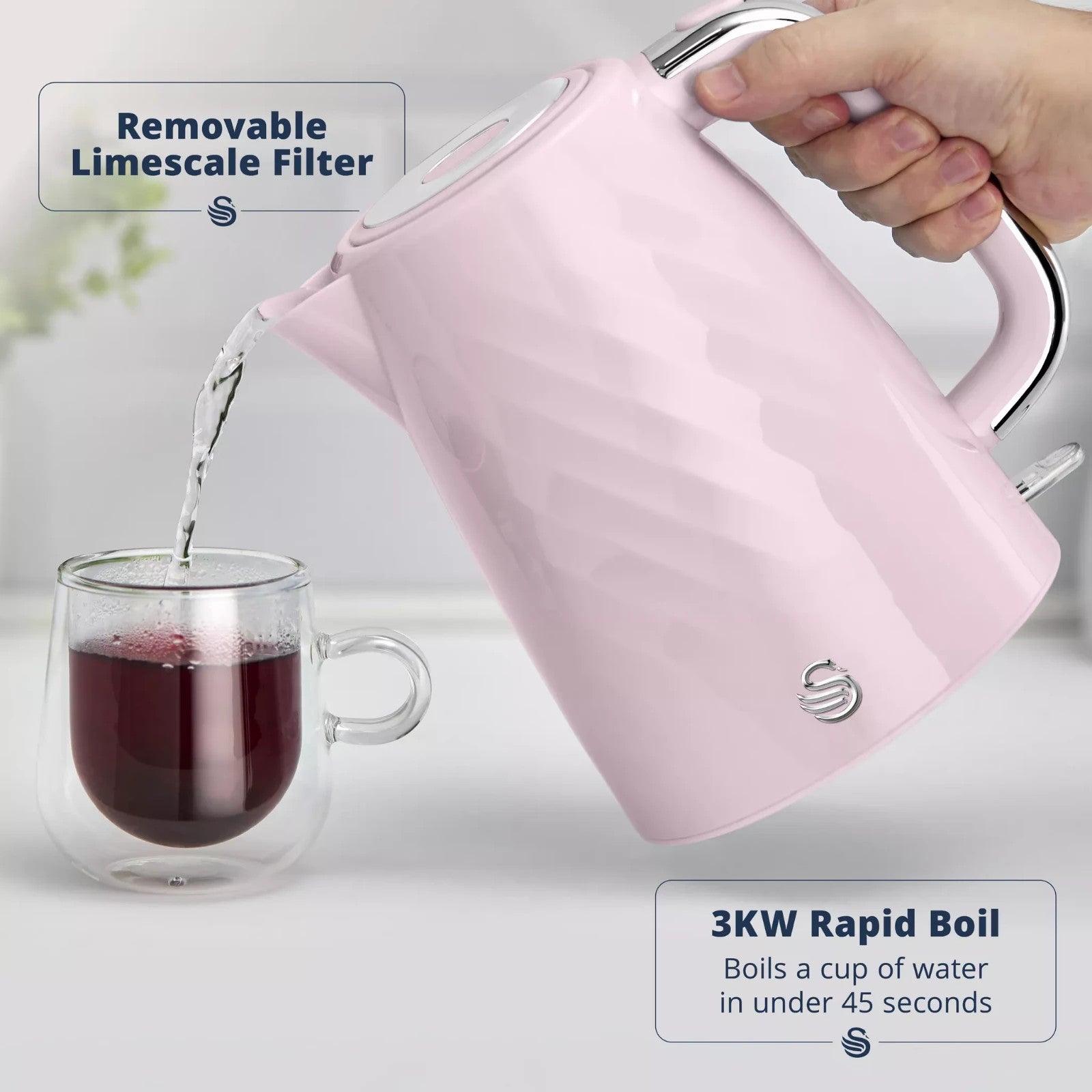 Swan Windsor Pink 1.7L Kettle & 2 Slice Toaster Set with Chrome Accents1