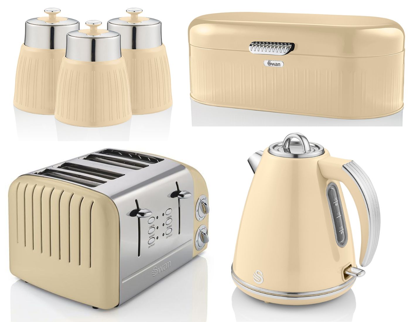 Swan Retro Cream Jug Kettle 4 Slice Toaster Bread Bin Canisters Kitchen Set of 6
