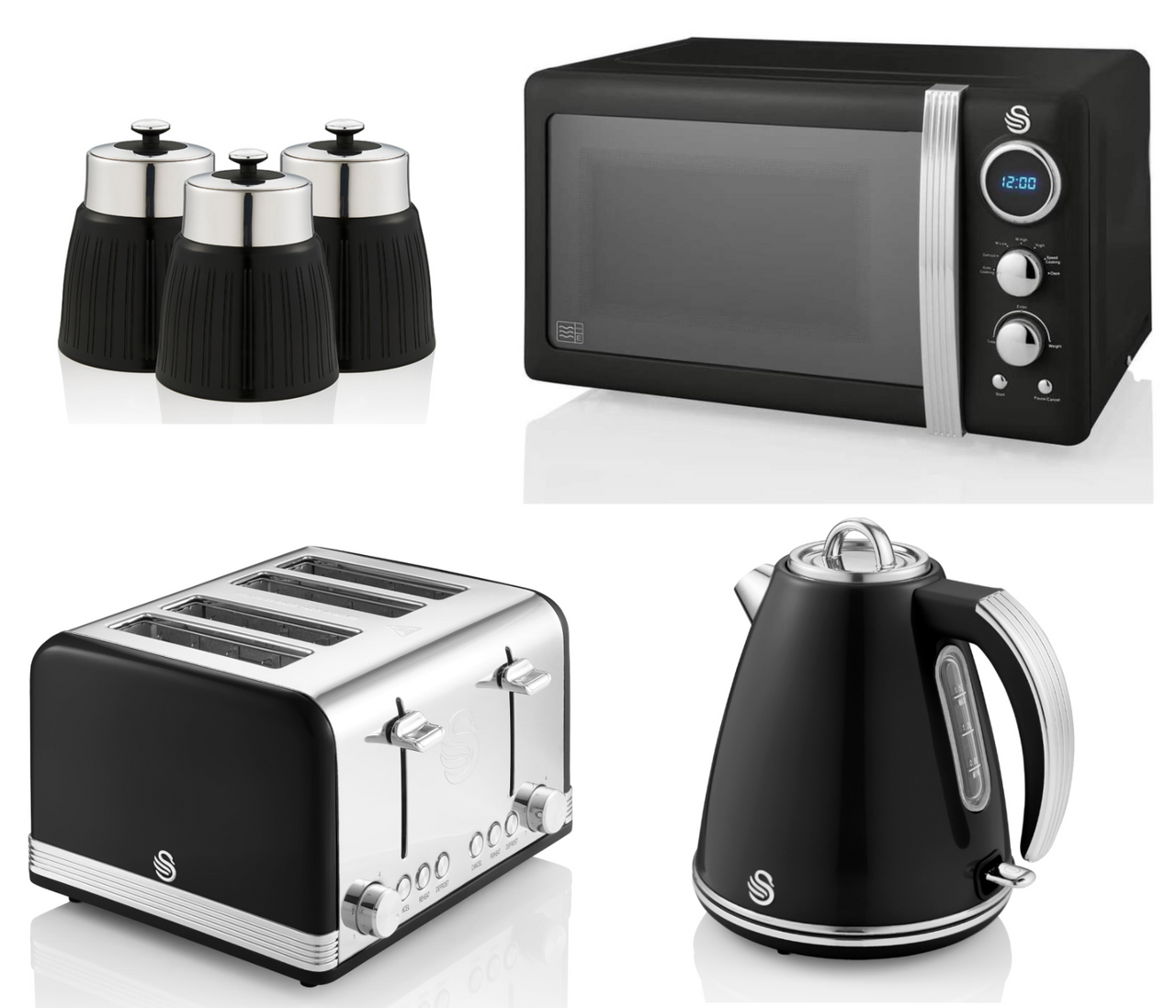 Swan Retro Black 1.5L 3KW Jug Kettle, 4 Slice Toaster, 800W 20L Digital Microwave & Tea Coffee & Sugar Canisters Kitchen Set