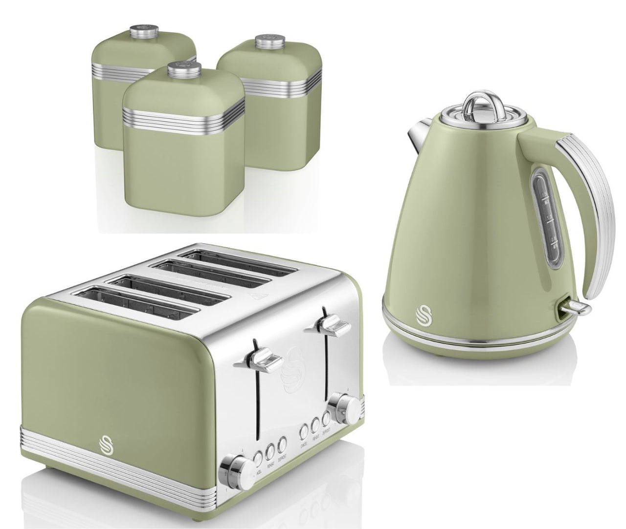 SWAN Retro Green 1.5L 3KW Jug Kettle, 4 Slice Toaster & 3 Canisters Retro Kitchen Set