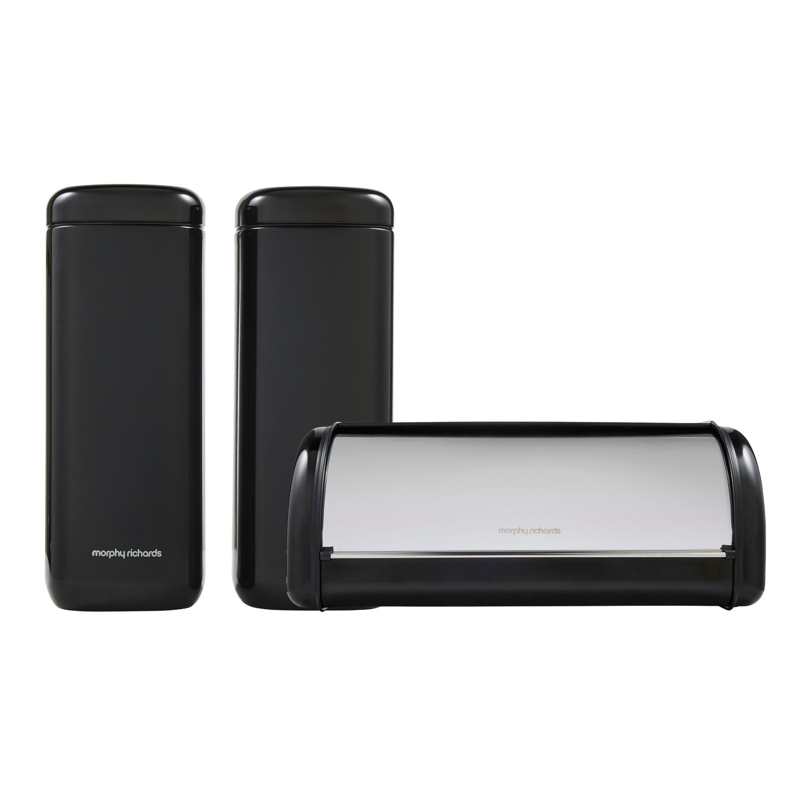 Morphy Richards Equip Black Large Roll Front Bread Bin & Large Storage Canisters0