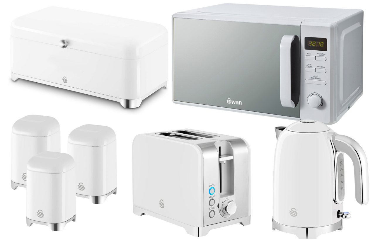 Swan Solace White Kettle Toaster Microwave Breadbin Canisters Kitchen Set0