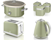 SWAN Retro Green Jug Kettle 2 Slice Toaster 3.5L Slow Cooker & Canisters Set