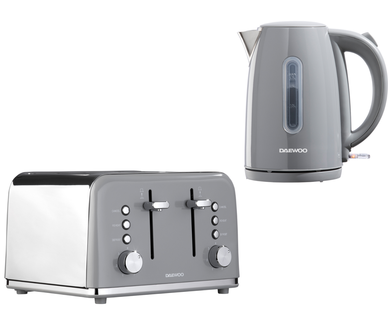 Daewoo Kensington 1.7L 3KW Jug Kettle & 4-Slice Toaster Matching Set in Grey