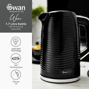 Swan Wave Black Kettle 2 Slice Toaster  & 800W Microwave Matching Kitchen Set1