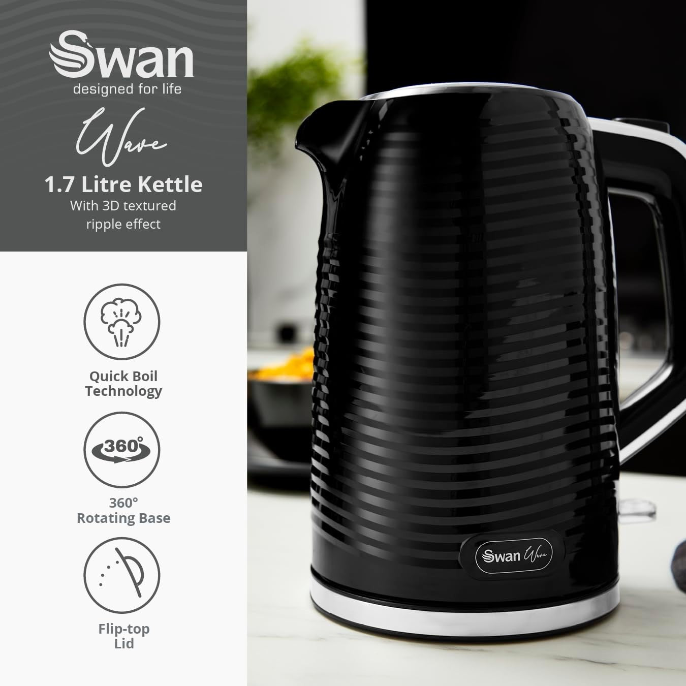 Swan Wave Black Kettle 2 Slice Toaster  & 800W Microwave Matching Kitchen Set1