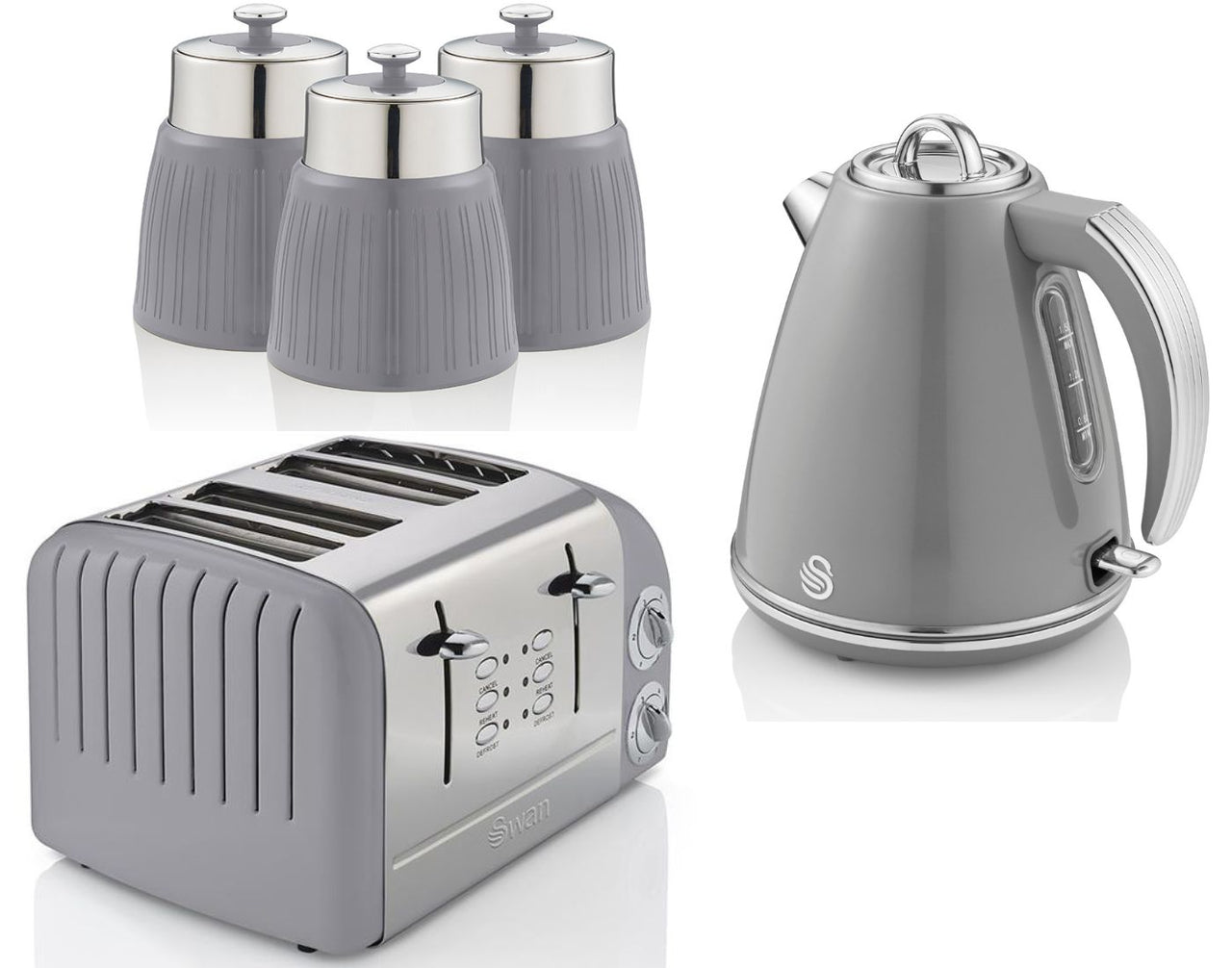 SWAN Retro Grey 1.5L Jug Kettle, 4 Slice Toaster ST34020GRN & Set of 3 Canisters