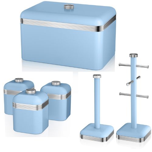 SWAN Retro Blue Bread Bin, Tea, Coffee Sugar Canisters, Mug Tree and Towel Pole Kitchen Storage Set