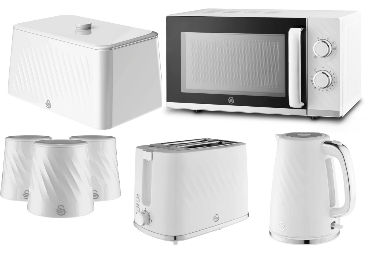 Swan Windsor White Kettle Toaster Microwave Breadbin Canisters Kitchen Bundle0