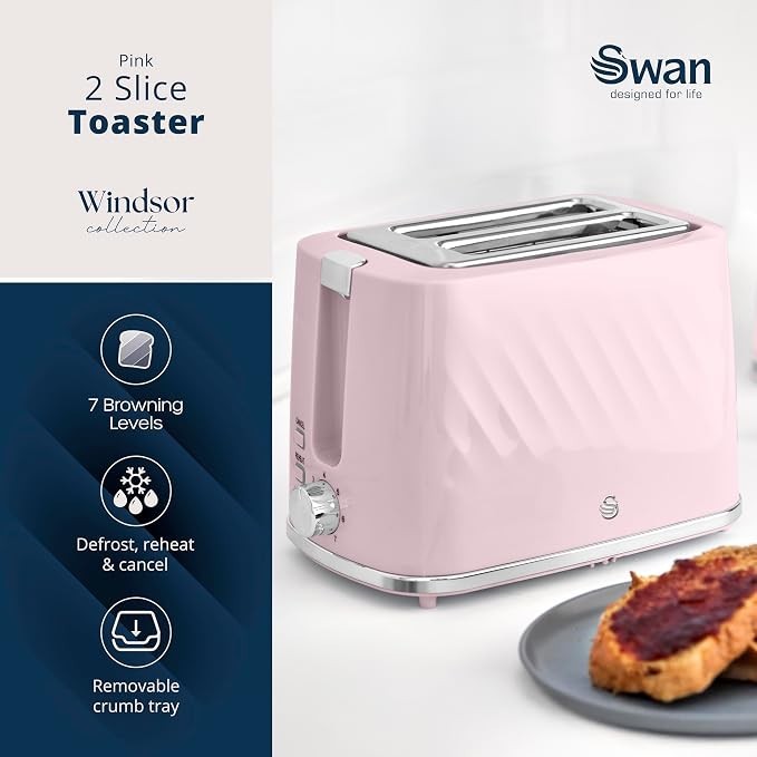 Swan Windsor Pink 1.7L Kettle & 2 Slice Toaster Set with Chrome Accents4