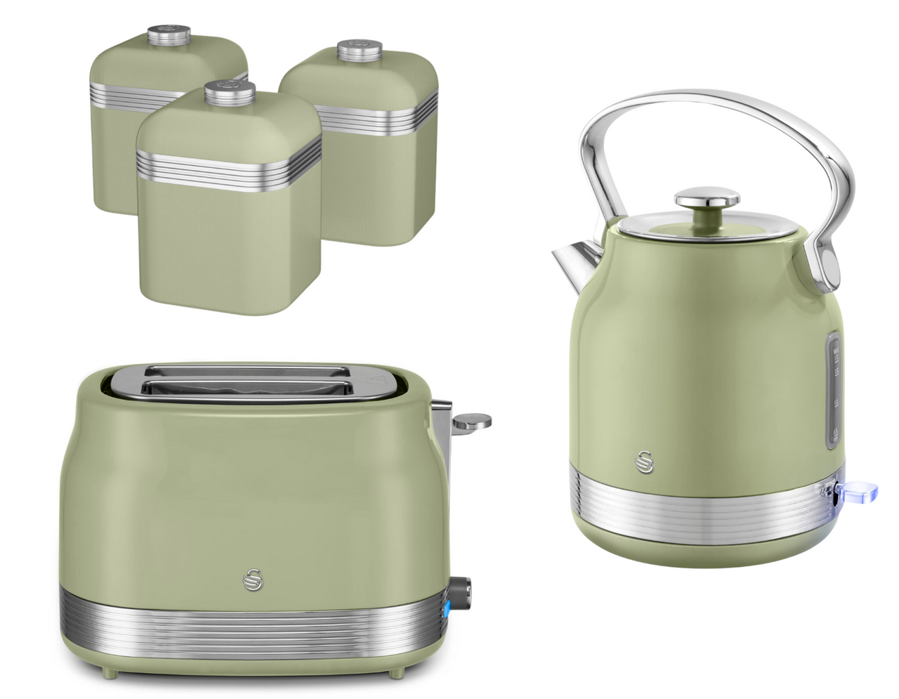 Swan Retro Revive Green Stovetop Design Kettle 2 Slice Toaster & Canisters Set0