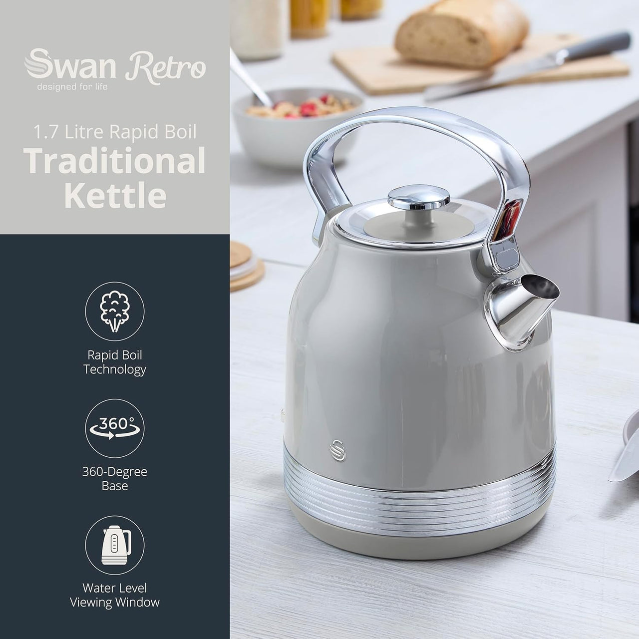 Swan Retro Revive Grey Stovetop Kettle 4 Slice Toaster & Canisters Kitchen Set1