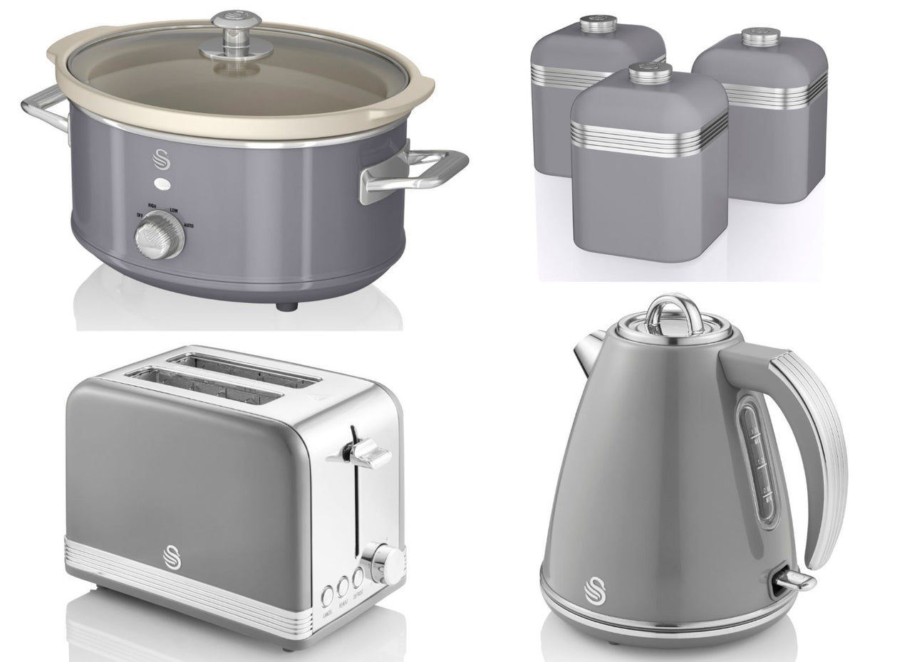 SWAN Retro Grey 1.5L 3KW Jug Kettle, 2 Slice Toaster, 3.5L Slow Cooker & Canisters Matching Kitchen Set