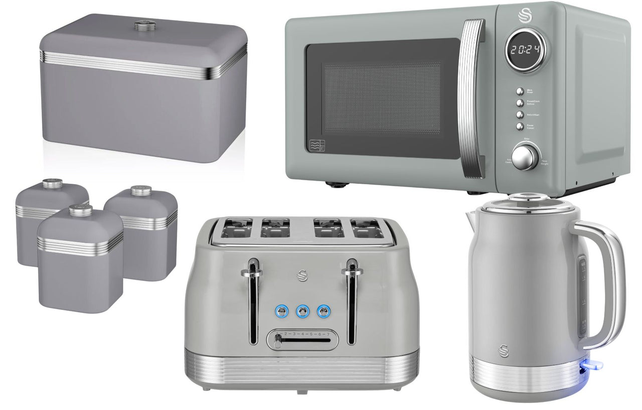Swan Retro Revive Grey Kettle Toaster Microwave Breadbin Canisters Kitchen Set0