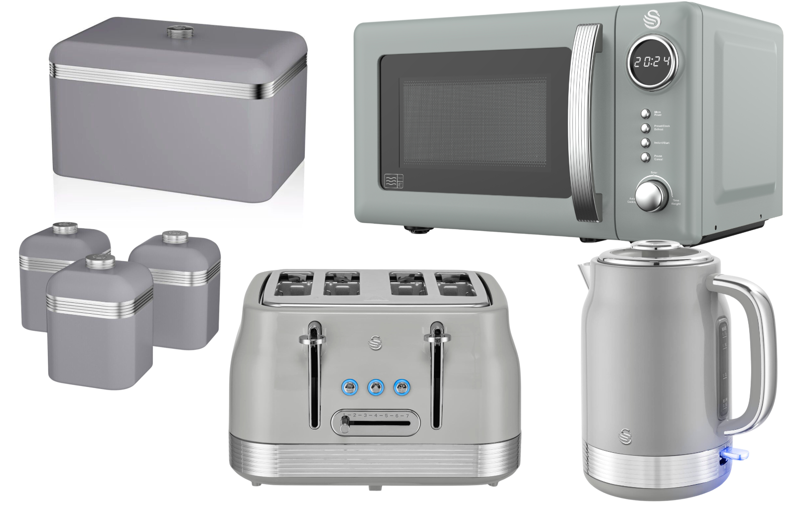 Swan Retro Revive Grey Kettle Toaster Microwave Breadbin Canisters Kitchen Set0