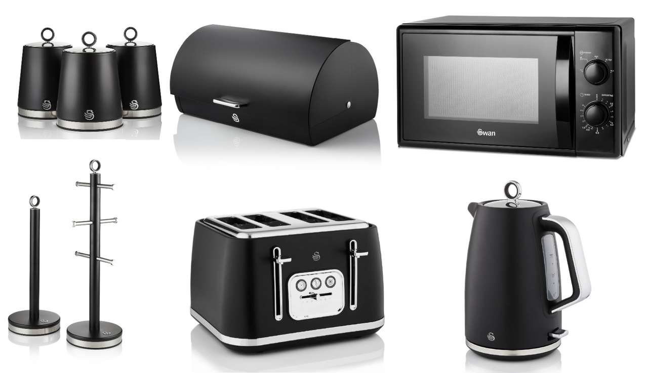 Swan Serenity Black 1.7L 3KW Kettle, 4 Slice Toaster, Bread Bin, Canisters, Mug Tree, Towel Pole and 20L 700W Microwave SM4420BLK. Matching Swan Kitchen Set of 9