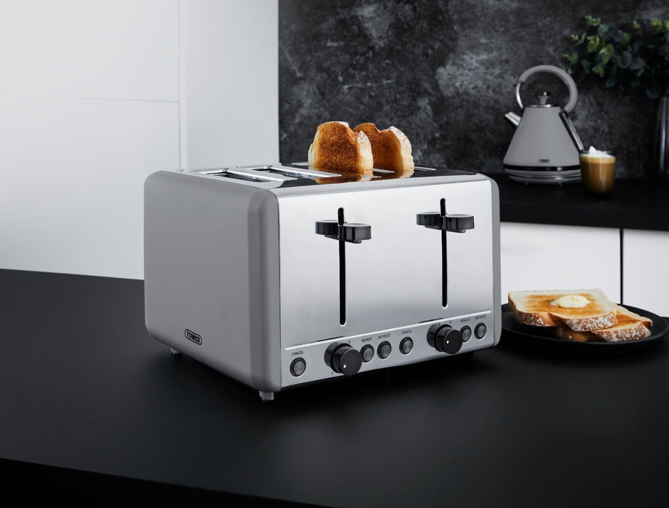 Tower Sera Grey Pyramid Kettle 4 Slice Toaster & Canisters Kitchen Set