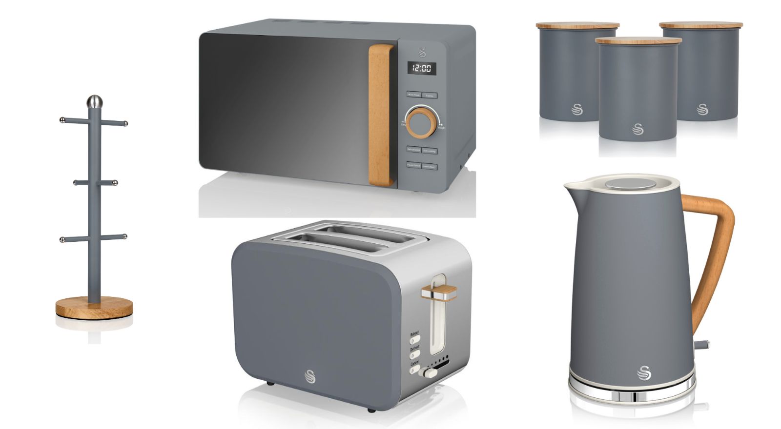 Swan Nordic Grey Kettle 2 Slice Toaster Microwave Canisters & Mug Tree Set of 7
