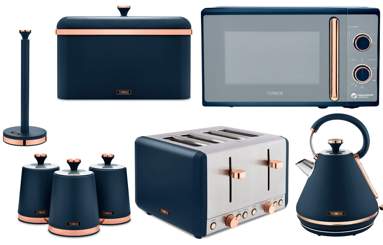 Tower Cavaletto Blue Kettle Toaster Microwave Matching Kitchen Storage Set of 80