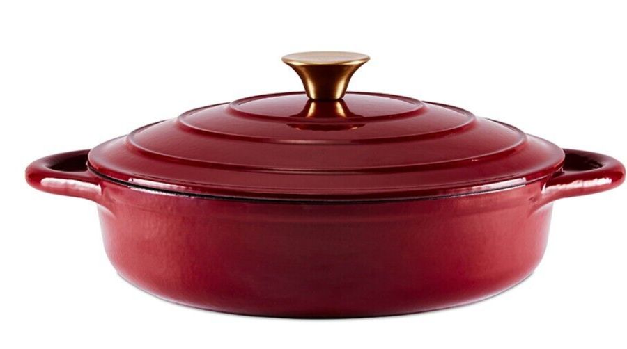 Barbary & Oak 28cm Shallow Casserole Dish Cast Iron in Bordeaux Red with 25 Year Guarantee
