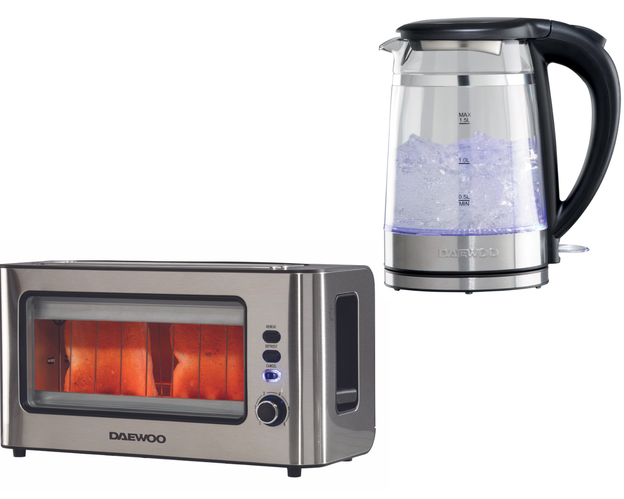 Daewoo 1.7L 3KW Glass Kettle & 2 Slice Glass Toaster Matching Set in Silver